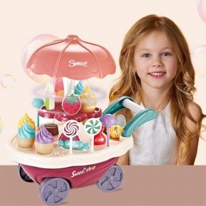 Children's Toy Ice Cream Truck Candy Ice Cream Set Girl Rotating Ice Cream Machine Cart-UN - Neuf