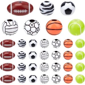 Ph 140pcs Perles De Boule Acrylique 7 Modèles Perles De Sport Assorties Basket Volley Ball Rugby Perles Perles D'espacement À Billes Rondes Pour Collier Bracelet,10 18mm - Neuf