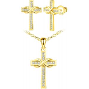 Collier Femme Fille,Boucles D'oreilles Femme,Ensemble De Bijoux,Collier Pendentif Et Boucle D'oreille Croix Symbole D'infini,Collier Et Clou D'oreille En Argent 925,Zircon Incrusté - Neuf