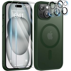 Brs-5 In 1 Coque Pour Iphone 15 Aimantée Avec 2 Verres Trempés Et 2 Caméra Protecteur, Compatible Magsafe Dos Anti Rayures Coque Magnétique Antichoc Tpu Bumper 6,1`` Case (Vert) - Neuf