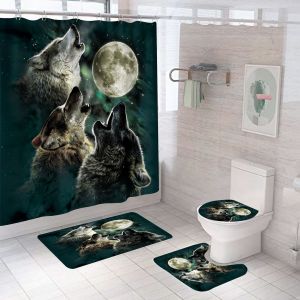 Rideaux de douche animaux 4 pièces avec tapis antidérapant (meute de loups), abattant de toilettes et tapis de bain, rideau de douche de salle de bain imperméable vintage avec 12 crochets - Neuf