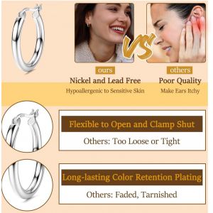 Boucles D'oreilles Creoles Argent Sterling 925 Pour Femme Fille,Boucles D'oreilles Creoles Tube Rond Hypoallergénique, Créoles Grandes, Moyennes Et Petites Diamètre 13/15/20/25/30/40/50mm - Neuf