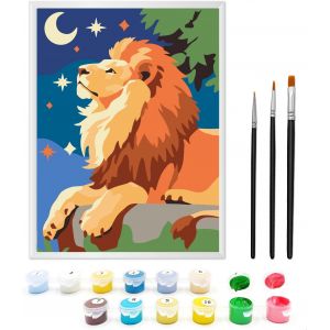 MDY-Peinture par numéros pour enfants de 5, 6, 7 ans, avec 3 types de pinceaux différents, cadre et peinture acrylique 17,8 x 24,1 cm (Lion Fier) - Neuf
