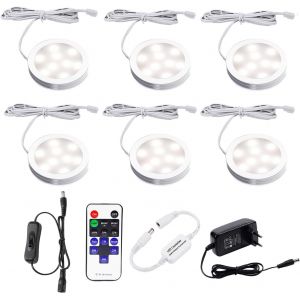 AIBOO LED Lampe Sous Meuble Cuisine avec Telecommande RF Sans Fil, Rond Ultra Slim Eclairage Encastré pour Placard, Prise Européenne, 4 Paquets Lumières LED pour vitrine 12V 8W (Blanc Chaude2700K) - Neuf