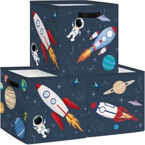 Bo&icirc;tes De Rangement Lot De 3 Espace Cosmique Paniers De Rangement Cube Plan&egrave;tes &Eacute;toiles Enfant Pliables Coffre &Agrave; Jouets Gar&ccedil;ons Filles Pour &Eacute;tag&egrave;res Livres,Fus&eacute;e,30x30x30 Cm - Neuf