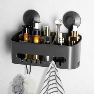 Etag&egrave;re Douche Ventouse Serviteur Panier de Douche Amovible sans Per&ccedil;age pour Salle de Bain Panier Rangement Cusine pour Shampooing Revitalisant Savon - Gris Fonc&eacute; - Neuf