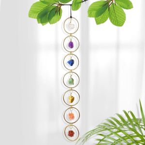 7 Pierres De Chakra - Décoration Murale - Pierre De Cristal Brut Naturelle - Pierre Précieuse De Guérison Ronde Dorée À Suspendre Pour Fenêtre Intérieure Et Extérieure - Équilibre Des Chakras - Neuf