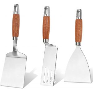Ensemble De Spatules En Acier Inoxydable, Spatules M&eacute;talliques Pour Po&ecirc;les En Fonte, Spatules Robustes Pleines Et Ajour&eacute;es Pour Grils Et Plaques De Cuisson, Manche En Bois Et Bord Biseaut&eacute; - Neuf