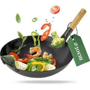 Ulteronixshop-wok | PR&Eacute;-CULOTT&Eacute; | fond rond | Pour la cuisini&egrave;re &agrave; gaz ou le grill | 30 cm de diam&egrave;tre | wok traditionnel en acier au carbone martel&eacute; &agrave; la main | couche antiadh&eacute;sive naturelle - Neuf