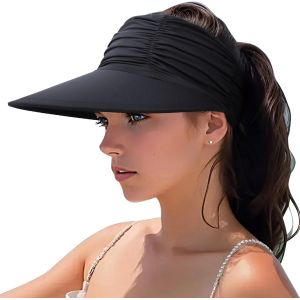 Les Femmes Visière Soleil Chapeau Large Bord Chapeau Réglable Pliable Queue De Cheval Plage Chapeau Été Uv Protection Extérieur Bonnet Upf 50+.[Z265] - Neuf