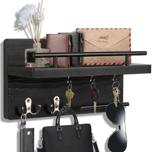 Porte-clés mural décoratif avec 5 crochets à clés, porte-clés mural pour mur avec porte-clés de courrier, organiseur de courrier en bois avec étagère, décoration pour entrée, vestibule (noir) - Neuf