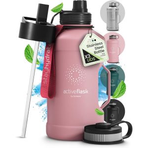 Gourde En Acier Inoxydable Active Flask + Paille (3 Couvercles) | Grande Bouteille De Sport 2,2 Litres / 2l Xl Sans Bpa Antifuite Gaz&eacute;ifi&eacute;e, Pour Les Sportifs & Entrainement En Plein Air - Neuf
