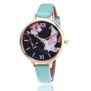 Montre-Bracelet A Quartz Vansvar Pour Femme, Bracelet Fin En Pu, Cadran A Imprime Floral, En Alliage (Menthe) - Neuf