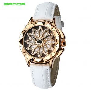 Montre-Bracelet Analogique Ronde A Quartz Pour Femme Avec Bracelet En Cuir Et Strass (Bracelet Blanc) - Neuf
