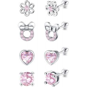 4 Paires Bboucle D'oreille Enfant Fille Hypoallergénique Forme Coeur Fleur Papillon Zircone Cubique Boucles D'oreilles Femme Argent Sterling 925 Roses Mignonnes Bijoux Pour Cadeau - Neuf