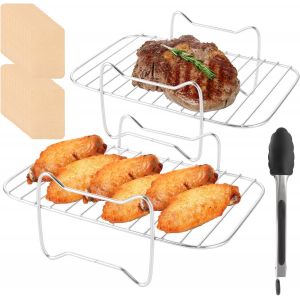Lot de 2 grilles de cuisson en acier inoxydable avec 100 pi&egrave;ces de papier sulfuris&eacute; - Accessoires compatibles avec Ninja Foodi AF300EU AF400EU - Accessoires de friteuse &agrave; air chaud double en - Neuf