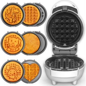 Mini-Machine à Waffles 6 en 1 avec Plaques Amovibles, Mini-Fer à Waffles de 4,5'' pour Vacances, Fêtes & Événements, Machine à Waffles, 8 Plaques avec Revêtement Céramique Premium, Blanc - Neuf