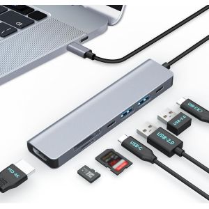 TIANYI-Hub USB C, Station d'accueil 7 en 1 avec 100W PD, 4K@30Hz HDMI, 5Gbps USB 3.0, USB 2.0, USB C, Lecteur de Carte SD/TF pour Souris, Clavier, U Disk, Flash Drive, Mobile - Neuf