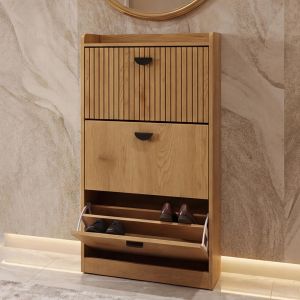 Armoire &agrave; chaussures HWC-O39, meuble &agrave; chaussures, 3 compartiments rabattables, MDF m&eacute;lamin&eacute;, m&eacute;tal, 117 x 60 x 24 cmnaturel - Neuf