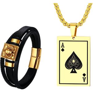 Eryi-Ensemble Collier Et Bracelet Pour Homme - En Acier Inoxydable - Avec Pendentif Croix Celtique - Carte De Jeu Et Large Bracelet En Cuir Véritable - Doré/Argenté - Neuf