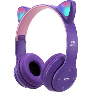 KALANKA-Casque &agrave; Oreilles de Chat, Casque Bluetooth pour Enfants, Casque sans Fil pour Enfants, Casque Supra-Auriculaire pour &Eacute;cole/Table/PC, Casque &agrave; Oreilles de Chat pour Filles Supra-Auriculaire - Neuf