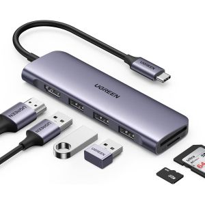 Revodok 106 Hub USB C HDMI 4K Lecteur de Carte SD TF 3 Data Ports 5Gbps Adaptateur Multiport Compatible avec iPhone 16 15 MacBook iPad Pro Air M4 M3 M2 M1 XPS Surface Galaxy S24 (Gris) - Neuf
