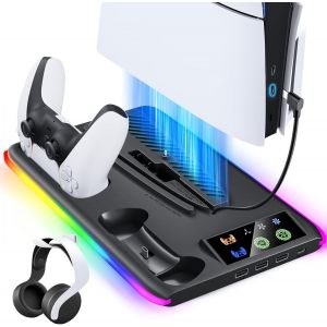 Chargeur de manette pour PS5/PS5 Slim/Pro : ventilateur de refroidissement PS5 et station de charge de manette, accessoires PS5 Stand/Slim/Pro, station de charge verticale pour console PlayStation 5 - Neuf