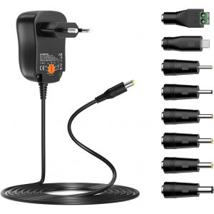 JGD-Bloc d'alimentation universel 24 W AC vers DC 3 V 4,5 V 5 V 6 V 7,5 V 9 V 12 V 2 A DC avec 8 prises CC pour &eacute;lectronique domestique comme routeur LED Strip Light Router cam&eacute;ra CCTV 2000 mA max. - Neuf