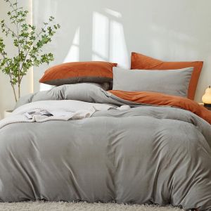 Ulteronixshop-Flanelle Housse De Couette 220x240cm + 2 Taies D'oreiller 65x65cm Gris Orange R&eacute;versible Parure De Lit 2 Personnes Peluche Hiver Chaude Duveteuse Ado Linge De Lit Avez Fermeture &Eacute;clair - Neuf