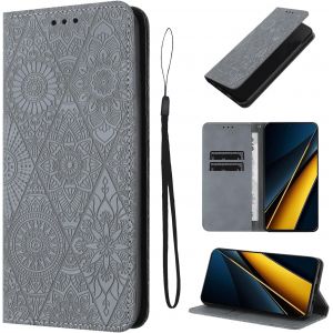 Kal-Étui Pour Xiaomi Poco X6 Pro 5g 6.67 Pouces Cuir Artificiel Coque Poco X6 Pro 5g Avec Fente Pour Carte Poco X6 Pro 5g Coque Motif De Fleurs Béquille Housse Gris - Neuf