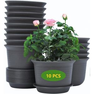 Teppe-10 Pièces Pots De Fleurs En Plastique, 15cm Épaissir Pots De Fleurs Conteneur De Plantes Pot De Jardinage D'intérieur Avec Palette De Drainage (Noir) - Neuf