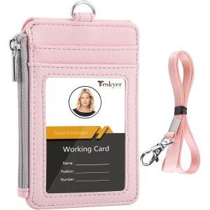 KALANKA-Porte Badge tour de Cou, Portefeuilles de Carte de Crédit Minces, Porte Carte avec Poche à Glissière, 1 Fenêtre d`Identification, peut Contenir Jusqu`à 4 Cartes, Cuir PU, Pâle Rose - Neuf