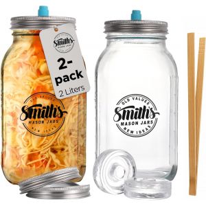 Letnerny-Bocaux 2-Pack 2l Fermenting Clear Glass Jars With Wooden Clip, Weights And 2pcs Lids - Ideal For Kimchi Storage, Pickles And Storage Of Your Favorite Snacks - Neuf