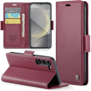 Kal-Coque Pour Samsung Galaxy S24 Plus+ 2 Pi&egrave;ces Verre Tremp&eacute;,Antivol,Prend En Charge Le Chargement Sans Fil, Pochette Fermeture Magn&eacute;tique Flip Case-Bourgogne - Neuf