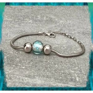 Bracelet - Charms - Perle Bleu Clair - Verre De Murano - Argent 925 - Mixte - Neuf