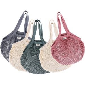 Ulteronixshop-Filet Provision en Maille,5 Sacs de Courses R&eacute;utilisables en Maille de Coton avec Serrage,Cabas en Coton Tiss&eacute; Portables et Lavables avec Longue Poign&eacute;e pour Fruits et L&eacute;gumes (4 Couleu - Neuf