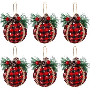 Lot de 6 boules de Noël en tissu - 8 cm, plaid noir et rouge, avec des pommes de pin et de verdure à suspendre pour arbre de Noël - Neuf