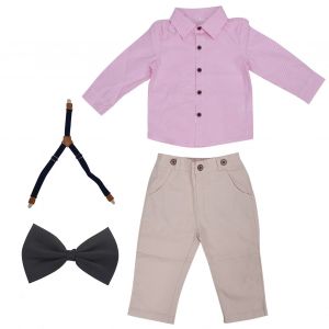 Tenue De Gentleman Pour Bebe Garcon, Ensemble Chemise A Rayures Exquise, Pantalon A Bretelles, Noud Papillon, Rose, 70 Cm - Neuf