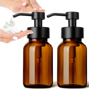 KAL-Lot De 2 Distributeurs De Savon Moussant, 250 Ml, En Verre, Marron, Pour Cuisine, Salle De Bain, Rétro, Rechargeables, Avec Étiquettes - Neuf