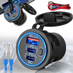 Double Prise Pd3.0 Usb-C Et Quick Charge 3.0 Pour Voiture, Usb &Eacute;tanche Encastrable Pour Voiture Avec Lumi&egrave;re Led Bleue, Prise 12V Chargeur Usb Filaire Port Multiple De Voiture - Neuf
