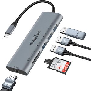 MagBac Station d'accueil USB C 6 en 1 - Hub multiport USB C - Avec HDMI 4K, 3 USB A 3.0 5 Gbps, lecteur de carte SD/TF - En aluminium - Pour MacBook, iPad, Dell, HP, Lenovo - Neuf