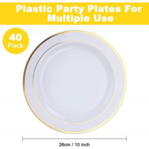 Mevronisshop-Lot De 40 Assiettes En Plastique Blanches De 26 Cm - Réutilisables - Assiettes En Plastique Réutilisables - Assiettes De Fête - Assiettes De Fête - Assiettes En Plastique (Blanc & Or) - Neuf