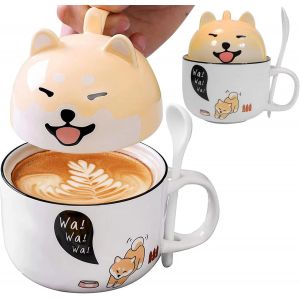ERYI-Grande Tasse A Cafe, Shiba Inu Mug, 2 En 1 Tasse A Cafe, Tasse À Café Avec Couvercle Et Cuillère, Mug Créatif Convient Pour Le Lait, Le Café, Le Jus De Fruits, Cadeau D'Anniversaire, Cadeau De N - Neuf