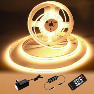 Ruban Led Cob 5m,Bande Led Blanc Chaud 3000k,Bande Led 24v Dimmable,Cri92,Largeur 8mm,Avec Télécommande Et Alimentation,Pour La Décoration De La Maison,La Cuisine,Le Miroir - Neuf