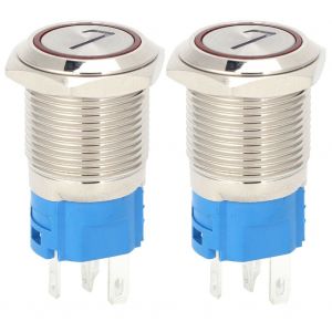 Lot de 2 interrupteurs a bouton-poussoir en acier inoxydable a 5 broches, 16 mm, a reinitialisation automatique, avec voyant et numero, 73-6 V CC, rouge - Neuf