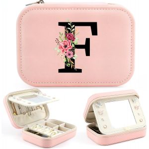 Trahoo-Initiale Bo&icirc;te &Agrave; Bijoux Voyage Boite A Bijoux Avec Lettre Petit Coffret &Agrave; Bijoux Femme Organisateur De Bijoux Avec Miroir, Cadeau Personnalis&eacute; Pour Femme Maman Anniversaire Mariage (F) - Neuf