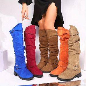 Bottes &Eacute;l&eacute;gantes En Couleur Unie Pour Femmes, &Agrave; Enfiler Avec Boucle Et Ceinture, Bottines Mi-Mollet &Agrave; Bout Rond - Neuf