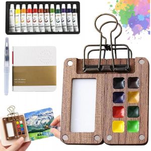 Kalanka-Mini Kit D'aquarelle De Poche - 8 Grilles - En Bois - Avec Clips De Reliure - Papier Aquarelle - Pinceaux Aquarelle - Palette Portable Pour Artistes, Peintres Amateurs, D&eacute;butants - Neuf