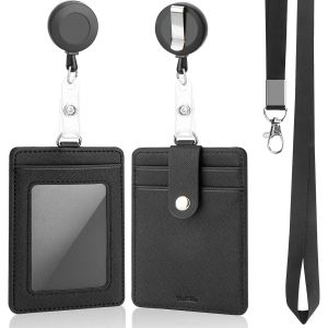 BMTTERQGWO - Porte badge cuir PU laniere noire et clip retractable, plusieurs poches pour cartes, ideal bureau medecin enseignant - Neuf