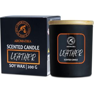 Bougie Parfum&eacute;e Cuir 200g-Bougie De Huile Essentielle De Bois De Santal-Bougie De Cire De Soja-D&eacute;sodorisant Pour La Maison-Bougie Parfum&eacute;e En Jarre-Cadeau Pour Hommes-Aromath&eacute;rapie - Neuf